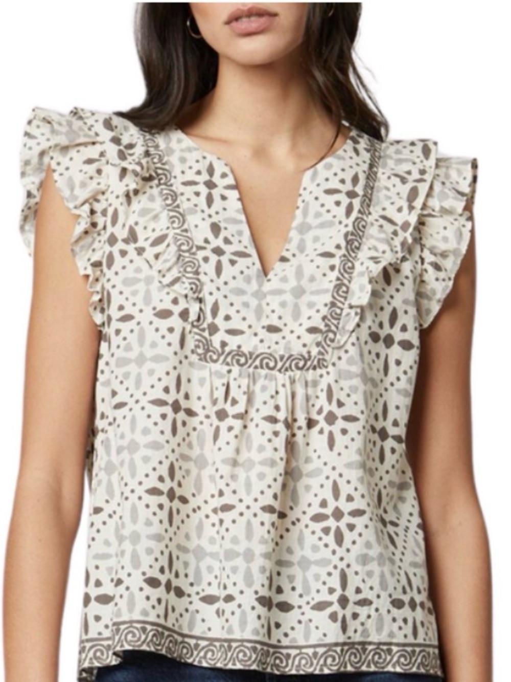 VELVET & GRAHAM. Earth-tone Flutter Sleeve Printed Top: Small